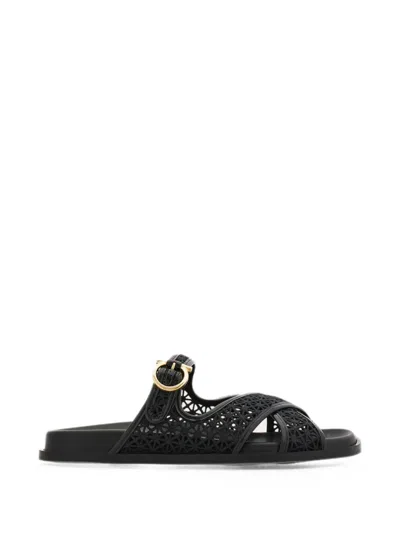 Ferragamo Gancini Buckle Crossover Slides In Black