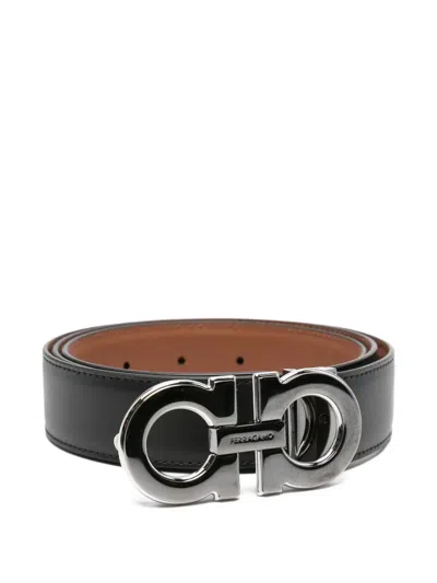 Ferragamo Gancini Buckle Leather Belt In Black