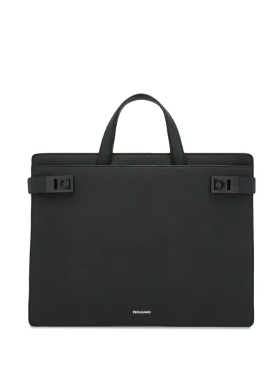 Ferragamo Men's Briefcase With Gancini Buckles In Black