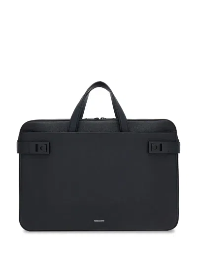 Ferragamo Men's Briefcase With Gancini Buckles In Black