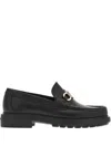 Ferragamo Black Leather Loafers With Gancini Ornament In Black