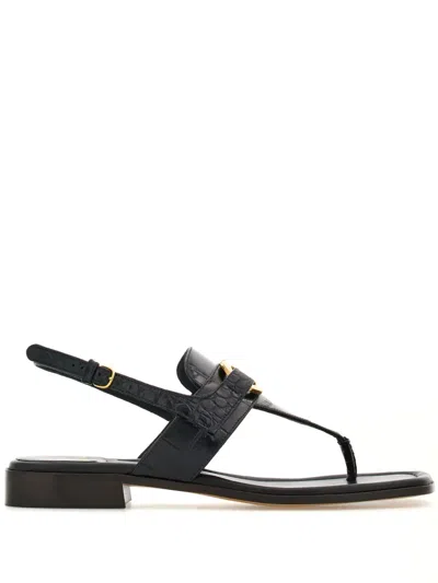 Ferragamo Lula Slingback Sandals In Croc-embossed Leather In Black