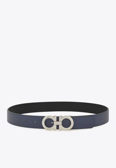 Ferragamo Gancini Buckle Reversible Leather Belt In Blue