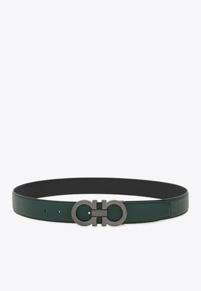 Ferragamo Gancini Buckle Reversible Leather Belt In Green