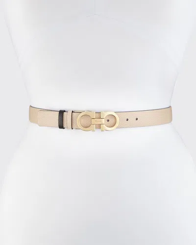 Ferragamo Gancini-buckle Reversible Leather Belt In Macadamia / Gold