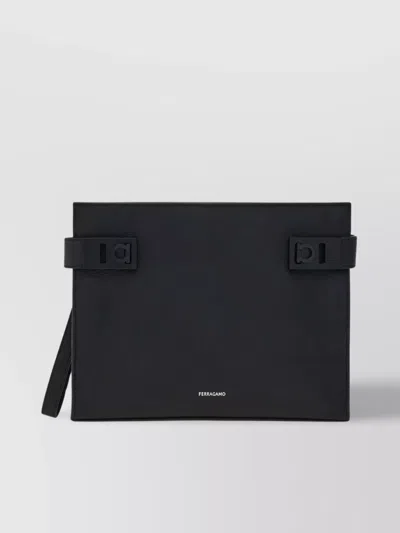 Ferragamo Gancini Buckles Leather Clutch With Wrist Strap