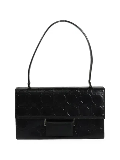 Pre-owned Ferragamo Gancini Calf Leather Shoulder Bag In Black
