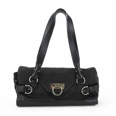 Pre-owned Ferragamo Gancini Canvas Leather Handbag () In Black