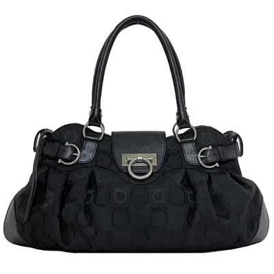 Pre-owned Ferragamo Gancini Canvas Leather Handbag () In Black