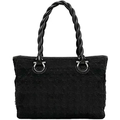 Pre-owned Ferragamo Gancini Canvas Leather Tote Bag () In Black
