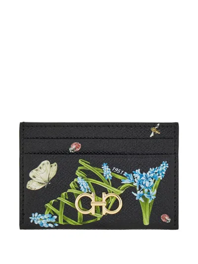 Ferragamo Gancini Card Holder With Floral Print In Black