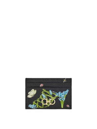 Ferragamo Gancini Card Holder With Floral Print In Black