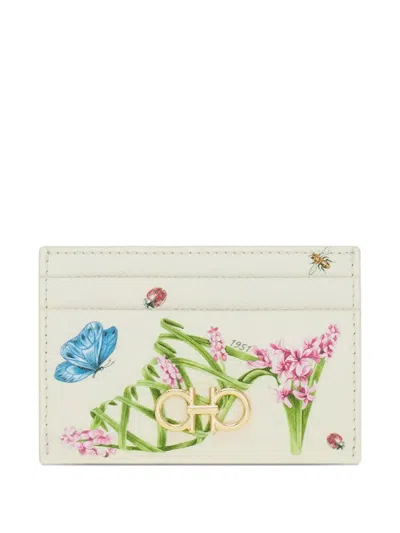 Ferragamo Gancini Card Holder With Floral Print In White