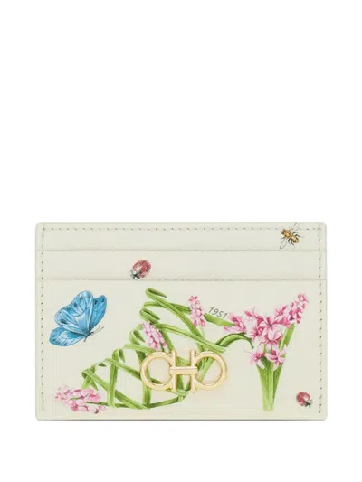 Ferragamo Gancini Card Holder With Floral Print In White