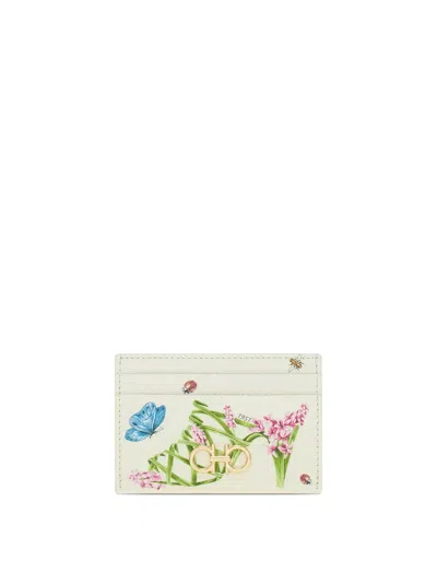 Ferragamo Gancini Card Holder With Floral Print In White