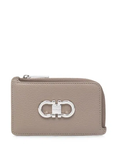 Ferragamo Gancini Card Holder With Zip In Gray