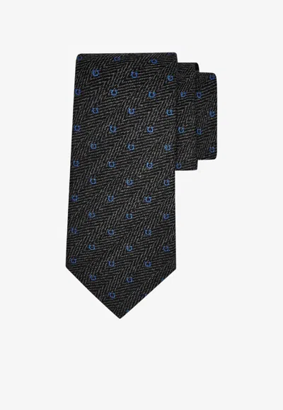 Ferragamo Gancini Chevron Jacquard Tie In Black