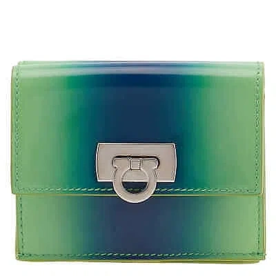Pre-owned Ferragamo Gancini Clasp Wanda Compact Wallet 220434 763141 In Green