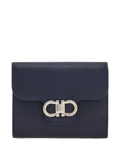 Ferragamo Gancini Compact Calfskin Wallet In Blue