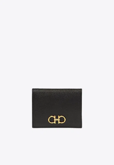Ferragamo Gancini Compact Leather Wallet In Black