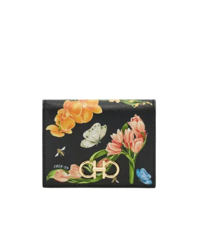 Ferragamo Gancini Leather Compact Wallet In Black