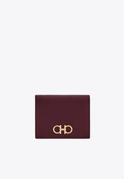 Ferragamo Gancini Compact Wallet In Hammered Leather In Burgundy