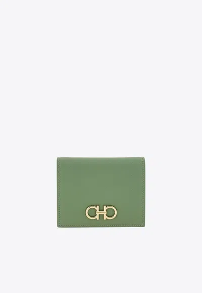 Ferragamo Gancini Compact Wallet In Hammered Leather In Green