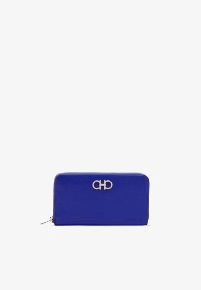 Ferragamo Gancini Continental Leather Wallet In Blue