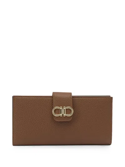 Ferragamo Gancini Continental Pebbled Leather Wallet In Brown