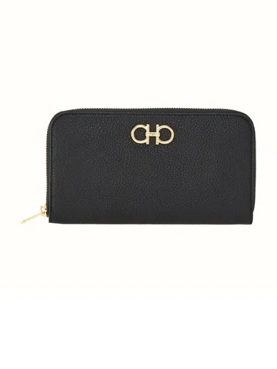 Ferragamo 'giove' Black Wallet With Gancini On The Front
