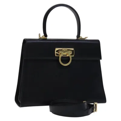 Pre-owned Ferragamo Gancini Convertible Top Handle Bag Leather Leather Handbag () In Black