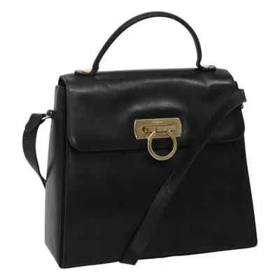 Pre-owned Ferragamo Gancini Convertible Top Handle Bag Leather Leather Handbag () In Black