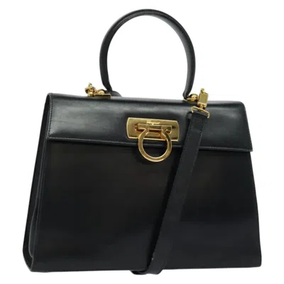 Pre-owned Ferragamo Gancini Convertible Top Handle Bag Leather Leather Handbag () In Black