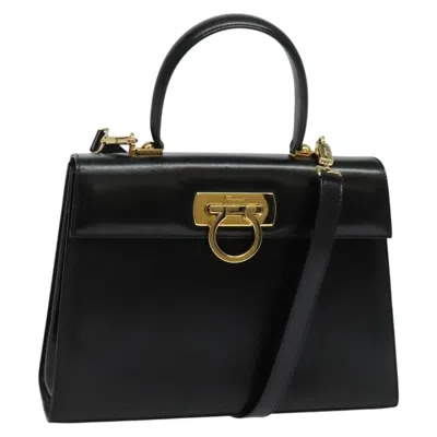 Pre-owned Ferragamo Gancini Convertible Top Handle Bag Leather Leather Handbag () In Black