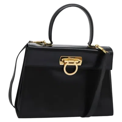 Pre-owned Ferragamo Gancini Convertible Top Handle Bag Leather Leather Handbag () In Black