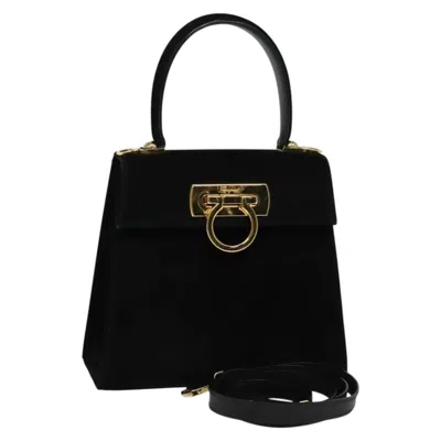 Pre-owned Ferragamo Gancini Convertible Top Handle Bag Suede Suede Handbag () In Black