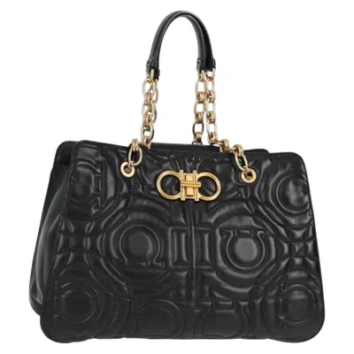 Pre-owned Ferragamo Gancini Convertible Tote Quilted Leather Leather Bag () In Black