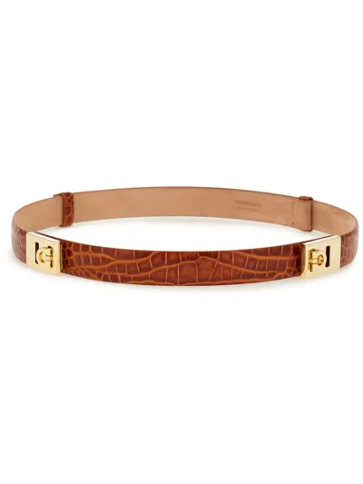 Ferragamo Gancini Crocodile-effect Leather Belt In Brown