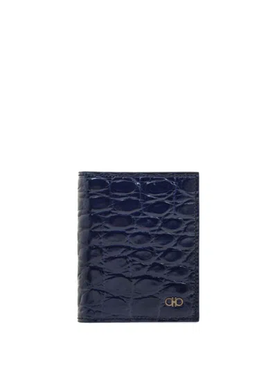 Ferragamo Gancini Crocodile-embossed Card Holder In Blue