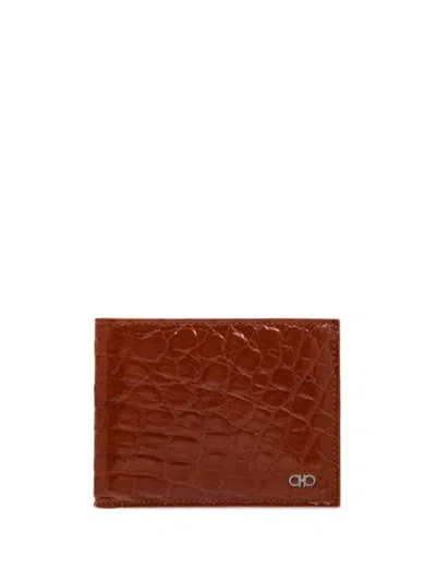 Ferragamo Gancini Crocodile-embossed Wallet In Brown