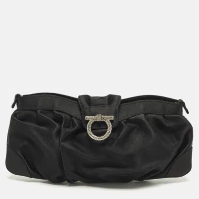 Pre-owned Ferragamo Gancini Crystal Embellished Black Satin Clutch