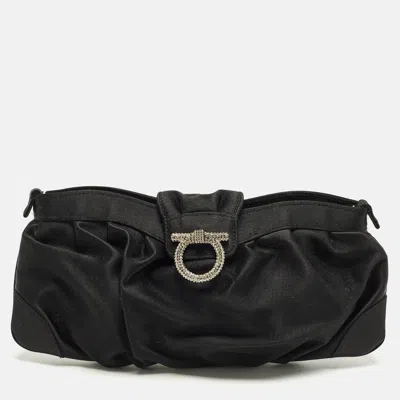 Ferragamo Gancini Crystal Embellished Black Satin Clutch