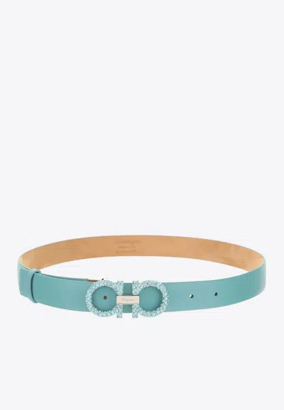 Ferragamo Gancini Crystal-embellished Buckle Belt In Turquoise