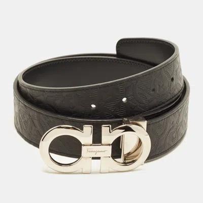 Pre-owned Ferragamo Gancini Cut To Size Reversible Belt Black Embossed Leather