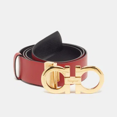 Pre-owned Ferragamo Gancini Cut To Size Reversible Buckle Belt Red/black Leather