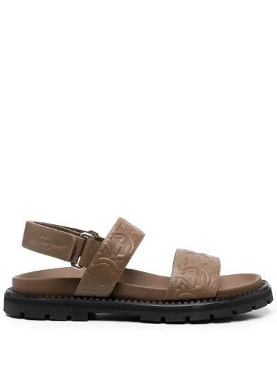 Ferragamo Gancini Debossed Sandals In Brown