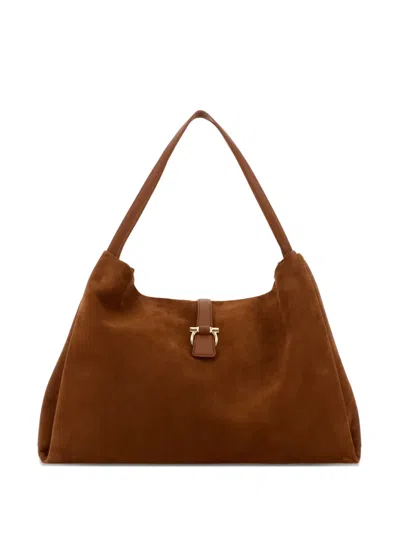 Ferragamo Gancini-detail Suede Shoulder Bag In Brown