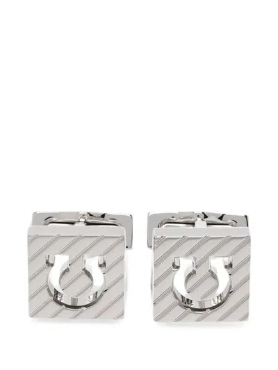 Ferragamo Gancini Diagonal-stripe Cufflinks In Silver