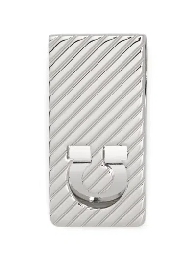 Ferragamo Gancini Diagonal-stripe Tie Clip In Silver