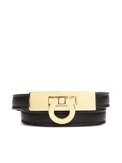 Ferragamo Gancini Black Double Twist Bracelet In Leather Woman